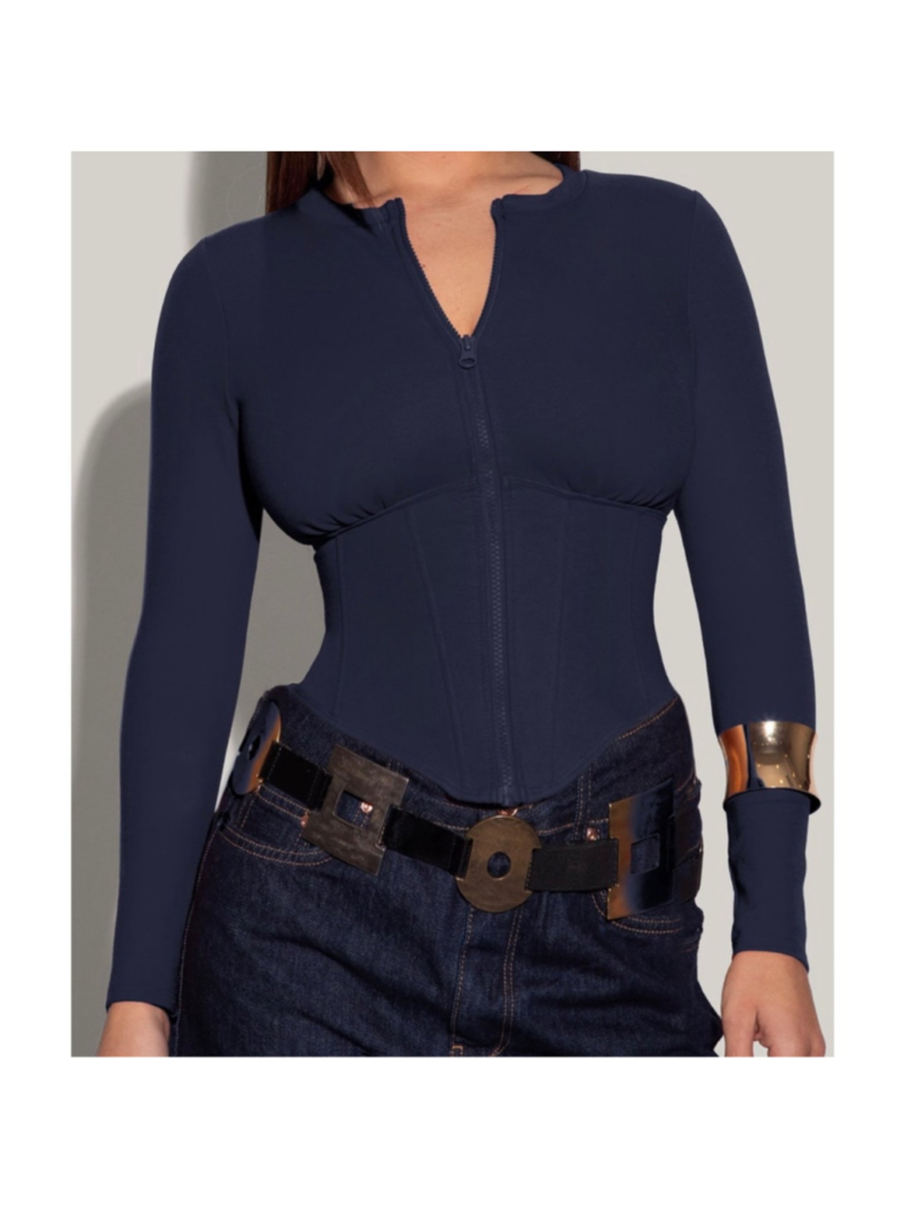 Ta3 Midnight Blue Long Sleeve Corsety Top